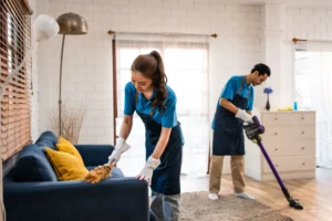 professional cleaner vacuuming and cleaning living room in North Jersey home
