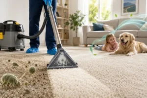 professional cleaner removing dust and odor sources from a living room in New Jersey