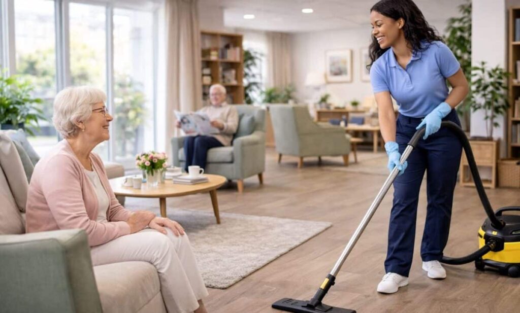 professional cleaner vacuuming a family living room during weekly cleaning service