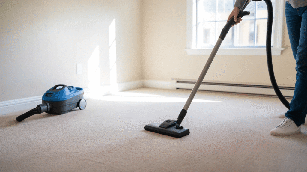 renter vacuuming and cleaning empty apartment floors before move-out inspection