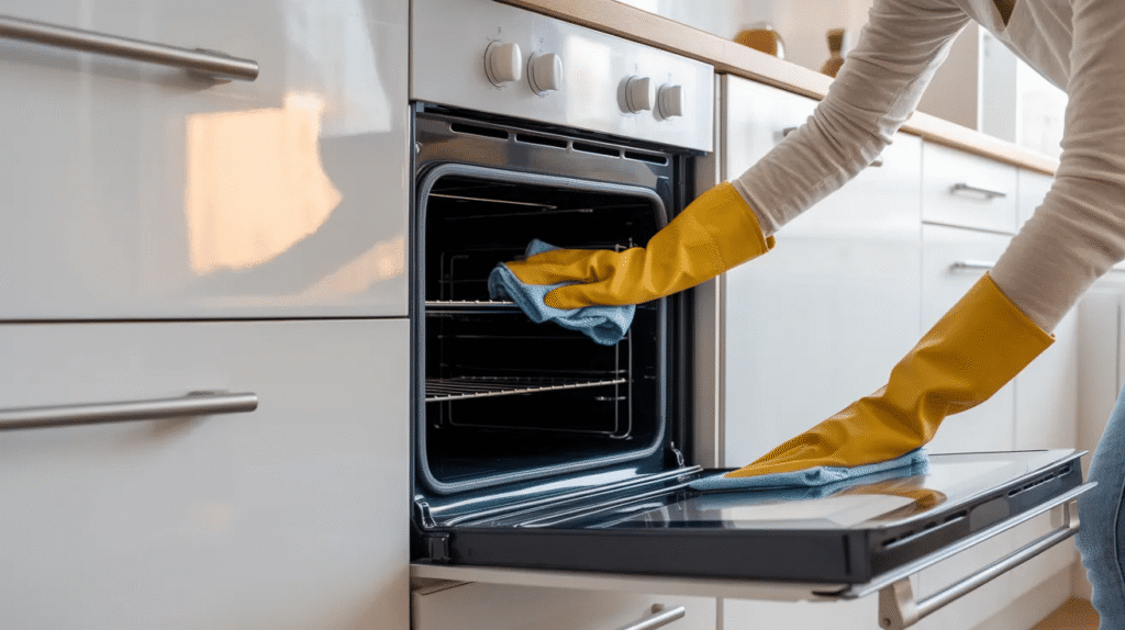 professional cleaner wiping kitchen cabinets before apartment move-out inspection
