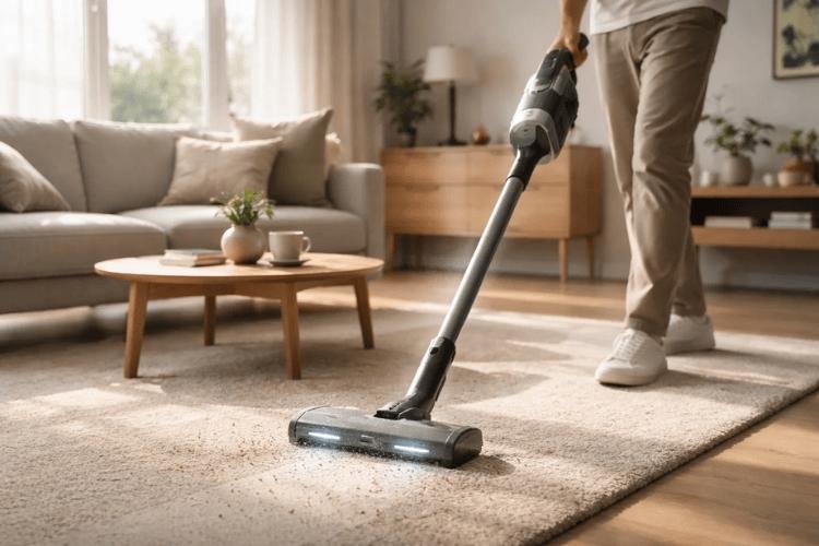 Homeowner carefully cleaning a carpet as part of a fall carpet maintenance routine.