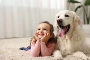 clean North Jersey family home with children and a dog in the living room