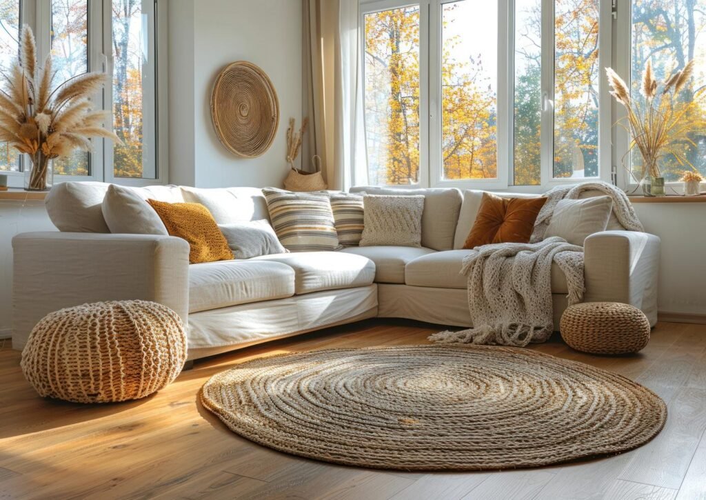 Clean carpet and upholstered sofa in a living room prepared for winter.