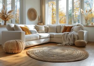 Clean carpet and upholstered sofa in a living room prepared for winter.